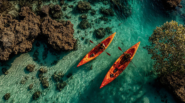 WIDE aerial shot of kayaks gliding through calm mangrove waterways in a townhouse community, winding natural channels below. - Powered by Adobe