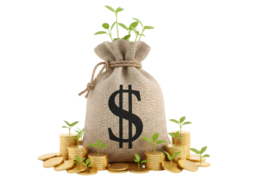Financial Growth: Money Bag, Dollar Sign, Growing Plants & Coins. Investment & Wealth Concept. on white background
