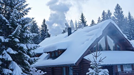 Snow-covered wooden house with chimney smoke, surrounded by forest in winter landscape. Cozy winter travel or holiday cabin concept