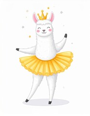 Naklejka premium A charming cartoon illustration of a ballerina llama wearing a tutu and a crown, set against a backdrop of stars.