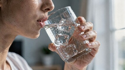Person taking a refreshing sip of cold water with ice from a glass