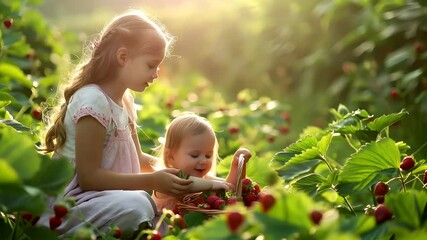 A young girl in a pink dress is picking strawberries in a field. The sun casts a warm, golden hue over the scene, highlighting the vibrant red of the strawberries. The girls pose is relaxed.