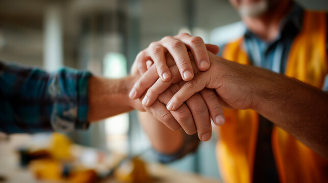 Two faceless construction workers collaborating on office renovation project defocused tools building materials background teamwork construction project commercial improvement