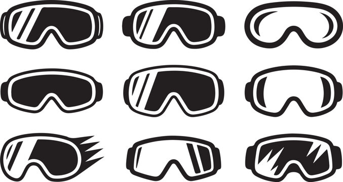 Nine black and white icons of ski goggles and snowboarding goggles with motion effects Keywords: ski goggles, snowboarding goggles, eyewear, winter sports eyewear, snow goggles, protective eyewear