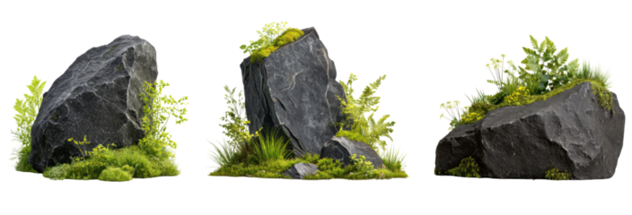 Harmony of Stone and Life: A triad of dark stones, adorned with vibrant moss and verdant plant life, creates a harmonious display of nature's resilience and beauty.