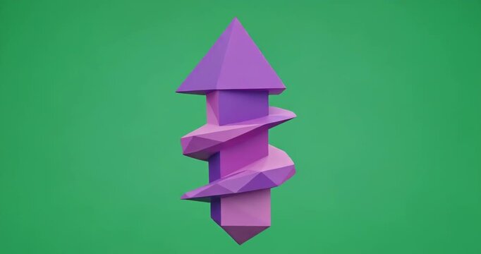 Low poly purple crystal arrow shape with a spiral element against a solid green screen background