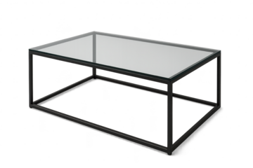 Modern glass top coffee table with black metal frame, isolated on transparent background