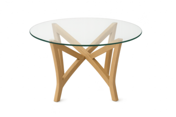 Round glass table with unique wooden base, isolated on transparent background