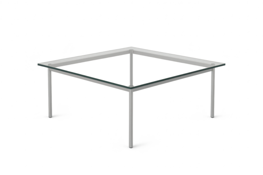Modern square glass table frame with metal legs, isolated on transparent background
