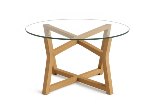 Isolated round glass table, wooden cross base, on transparent background.