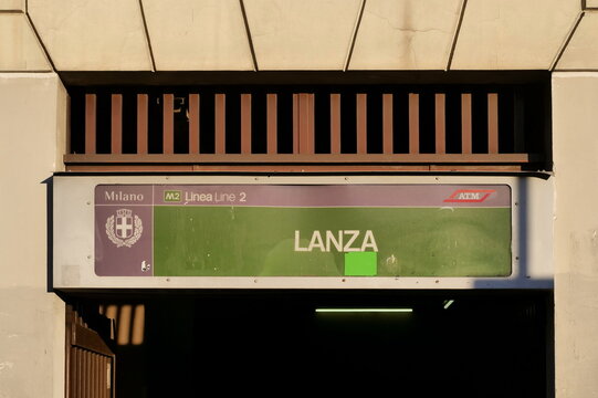 Entrance to Lanza metro station in Milan. Lanza is a station on the line 2 of Milan underground, the green line.