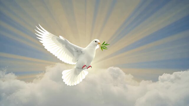 White dove flying with olive branch and sun rays above clouds, symbol of peace and hope. Martin Luther King Jr. Day or human rights concept
