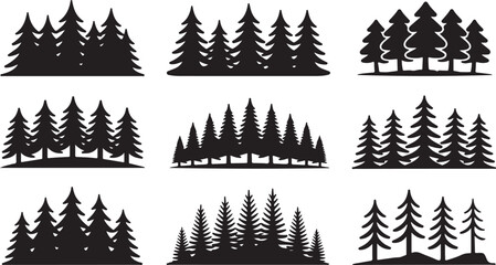 Nine Black Silhouette Illustrations of Pine Tree Clusters on White Background fir tree coniferous © Sabbir Art Express