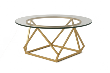 Modern round glass coffee table, golden geometric base, isolated subject.