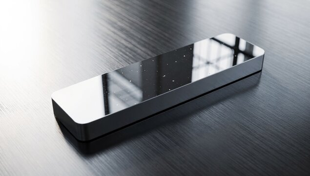 Sleek black reflective tech device on brushed metal surface