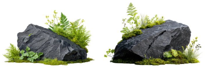 Serene Rock Formations: A pair of weathered rocks, adorned with vibrant green moss and delicate plant life, evoke a sense of tranquility and the enduring power of nature. 