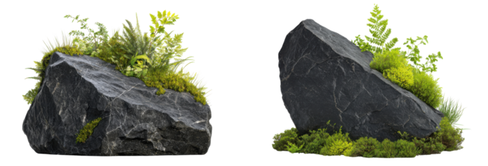 Natural Stone with Greenery: The beauty of nature, showcasing the raw, textured surface of a dark, weathered stone, accented by the soft textures of vibrant green plants