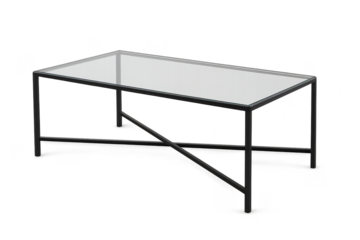 Sleek black metal and glass coffee table, isolated on transparent background.