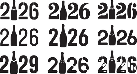 Nine black silhouette numbers and champagne bottles representing years 2026 and 2029 on a white background