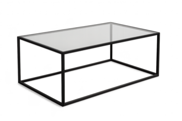 Black metal frame coffee table, glass top, modern, transparent background.