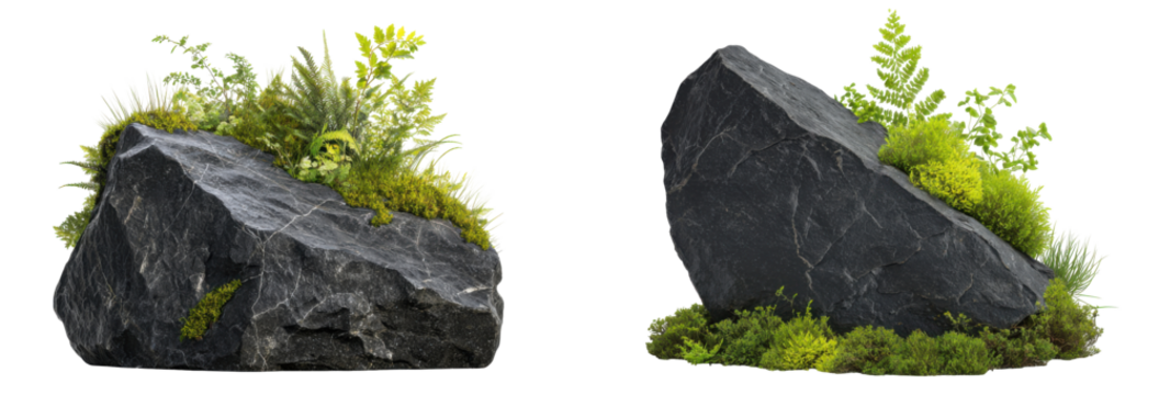 Natural Stone with Greenery: The beauty of nature, showcasing the raw, textured surface of a dark, weathered stone, accented by the soft textures of vibrant green plants