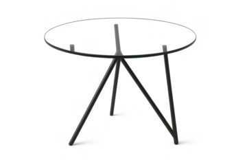 Round glass table, black metal frame, minimalist design, transparent background.