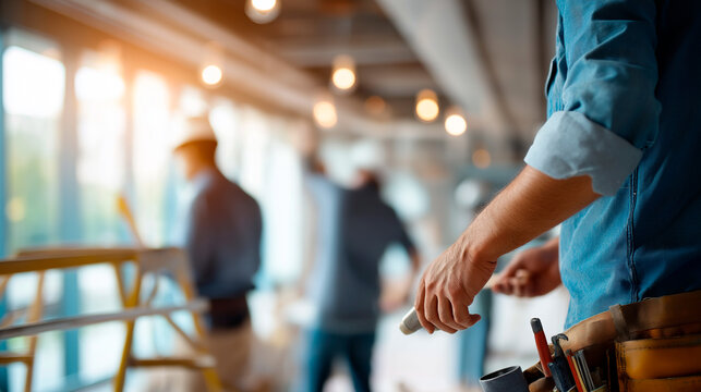 Home renovation work in active progress scene faceless construction workers collaborating defocused unfinished interior background with ladders scaffolding remodeling project - Powered by Adobe