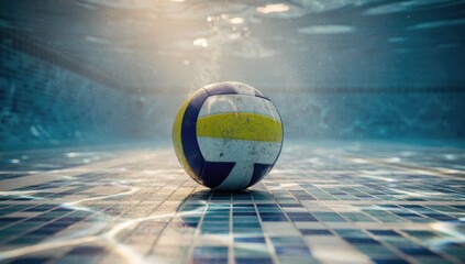 Submerged volleyball on blue tiled pool bottom, sunlit water