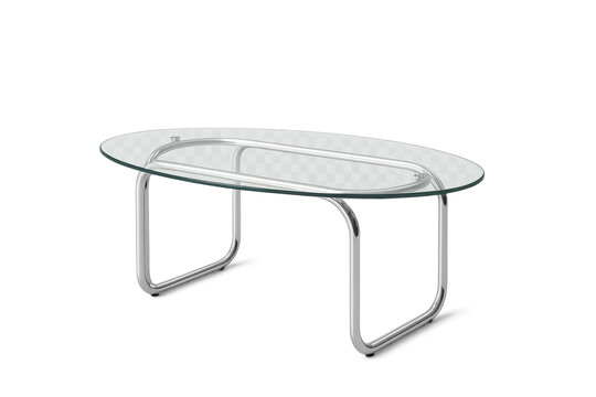 Sleek oval glass coffee table with chrome legs, isolated on transparent background