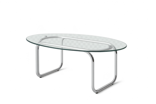 Sleek oval glass coffee table with chrome legs, isolated on transparent background