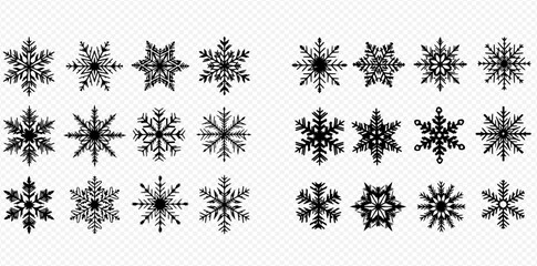 A collection of various snowflake designs in black and white, arranged in a grid pattern.