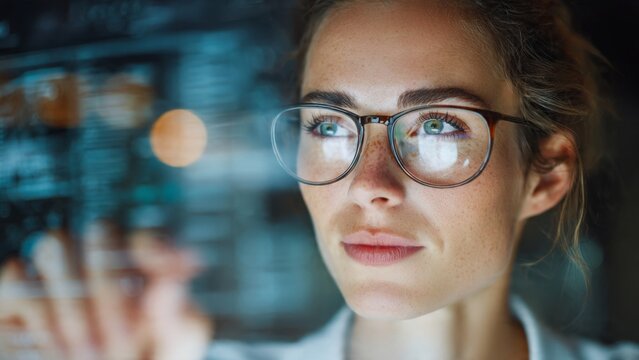 Female engineer analyzing screen reflection in glasses indoor workspace close-up photography technology focus