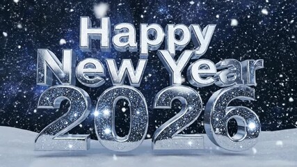 Happy new year 2026 silver 3d text on snowy ground with falling snow and dark night sky background - Powered by Adobe