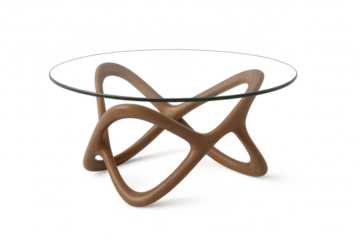 Modern wooden base glass top coffee table, isolated on transparent background.