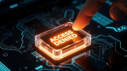 Button with the words access denied displayed in bold letters the button with a sleek transparent casing, placed on a high-tech digital surface with glowing blue circuit patterns.