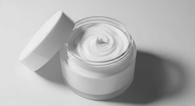 Open jar of white cosmetic cream with a swirl texture on a clean white background, top view. Skincare product mock-up concept