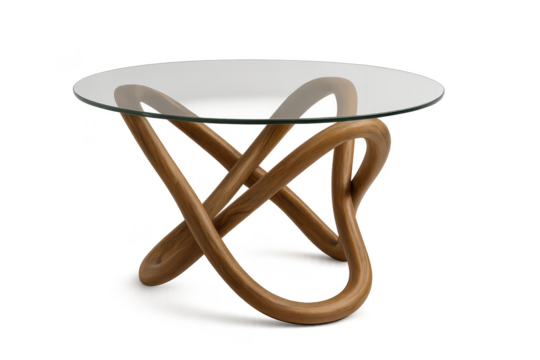 Coffee table, glass top, unique wooden base, transparent background.