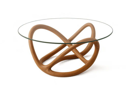 Modern coffee table with wood base, glass top, isolated on transparent.