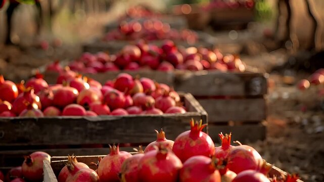 A closeup shot of pomegranates at a market stall, captured in a shallow depth of field that blurs the background.