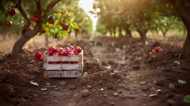 pomegranates in a wooden crate on a dirt path, with sunlight filtering through the trees, creating a warm, golden hue over the scene.