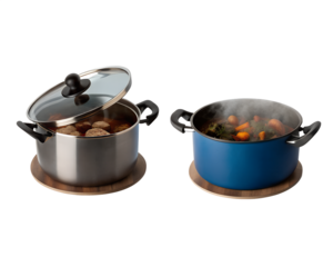 Set of two cooking pots one with lid and one boiling with contents on wooden trivet isolated on transparent background steam rising from food in blue pot