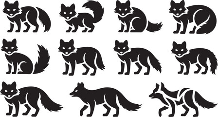 Obraz premium Set of eleven black silhouette fox icons in various poses and styles Keywords: fox, silhouette, icon, animal, wildlife, canine, mammal, nature, graphic, design, element, illustration, black and