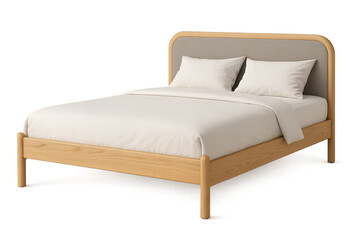 Modern wood bed with white bedding and grey headboard, isolated subject.