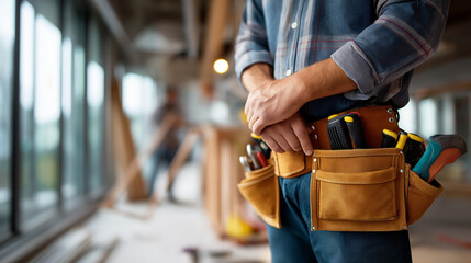 Faceless professional handyman wearing fully loaded tool belt equipment defocused active construction background with materials professional tradesperson ready renovation worker