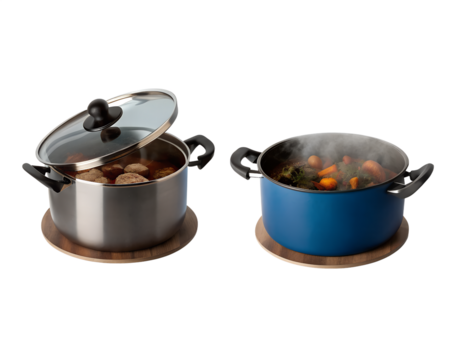 Set of two cooking pots one with lid and one boiling with contents on wooden trivet isolated on transparent background steam rising from food in blue pot