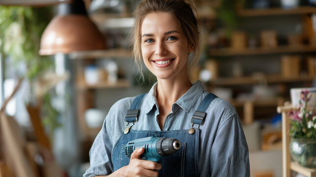 Faceless confident smiling woman in work overalls holding cordless power drill tool defocused home renovation background with paint supplies DIY enthusiast empowerment female