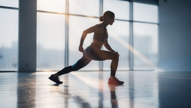 Woman performing a lunge in a bright gym, silhouetted by window light