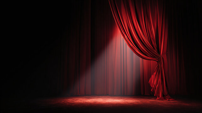 A theater stage with red curtains, illuminated by a spotlight