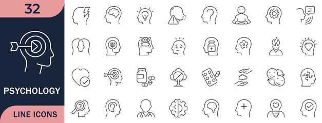 Editable vector line icons. For mental health, psychology, and wellness. Covers concepts like mind, brain, stress, depression, imagination, problem-solution, treatment, and psychotherapy. Minimalist a