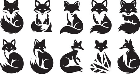 Set of Stylized Fox Silhouettes in Various Poses animal wild